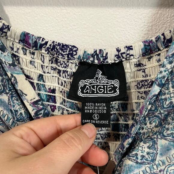 Angie Floral Boho Mini Dress S Blue White Rayon Smocked Waist Flutter Sleeve - Picture 5 of 7